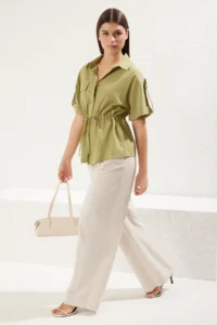 TRENDYOLMİLLA Khaki Front Binding Detailed with pocket Short Sleeve Weaving Shirt - Image 2