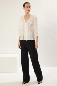 TRENDYOLMİLLA White Cotton Material Lace Detailed Regular Normal Pattern Weaving Shirt - Image 2