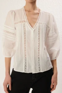 TRENDYOLMİLLA White Cotton Material Lace Detailed Regular Normal Pattern Weaving Shirt - Image 3