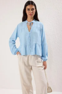 TRENDYOLMİLLA Light Blue Cotton textured Kolda Lace Oversized Boho Weaving Shirt - Image 2
