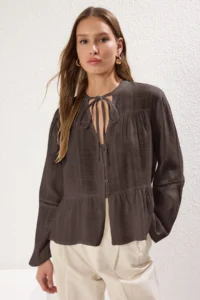 TRENDYOLMİLLA Brown Cotton textured Kolda Lace Oversized Boho Weaving Shirt