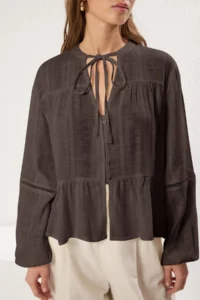 TRENDYOLMİLLA Brown Cotton textured Kolda Lace Oversized Boho Weaving Shirt - Image 2