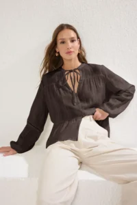 TRENDYOLMİLLA Brown Cotton textured Kolda Lace Oversized Boho Weaving Shirt - Image 3