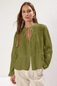 TRENDYOLMİLLA Khaki Cotton textured Kolda Lace Oversized Boho Weaving Shirt - Image 2