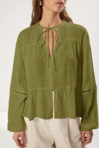 TRENDYOLMİLLA Khaki Cotton textured Kolda Lace Oversized Boho Weaving Shirt - Image 3