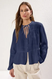 TRENDYOLMİLLA Navy Blue Cotton textured Kolda Lace Oversized Boho Weaving Shirt - Image 2