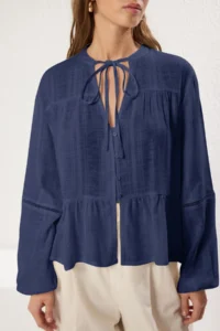 TRENDYOLMİLLA Navy Blue Cotton textured Kolda Lace Oversized Boho Weaving Shirt - Image 3