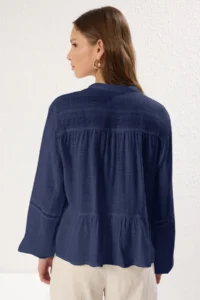 TRENDYOLMİLLA Navy Blue Cotton textured Kolda Lace Oversized Boho Weaving Shirt - Image 5