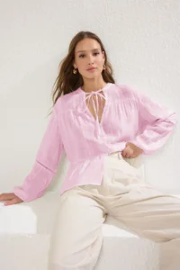 TRENDYOLMİLLA Light Pink Cotton textured Kolda Lace Oversized Boho Weaving Shirt - Image 3