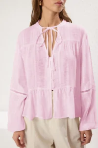 TRENDYOLMİLLA Light Pink Cotton textured Kolda Lace Oversized Boho Weaving Shirt - Image 4