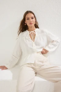 TRENDYOLMİLLA White Cotton Cotton textured Kolda Lace Oversized Boho Weaving Shirt - Image 2