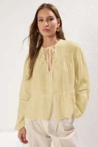 TRENDYOLMİLLA Yellow Cotton textured Kolda Lace Oversized Boho Weaving Shirt
