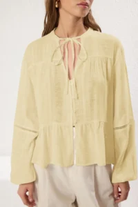 TRENDYOLMİLLA Yellow Cotton textured Kolda Lace Oversized Boho Weaving Shirt - Image 2