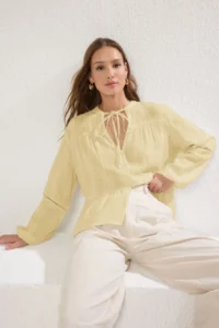 TRENDYOLMİLLA Yellow Cotton textured Kolda Lace Oversized Boho Weaving Shirt - Image 3