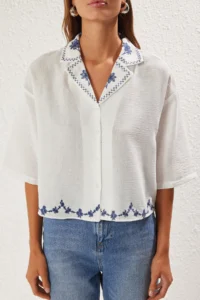 TRENDYOLMİLLA White Collar and Weaving Skirt with Embroidery Detail Regular Normal Pattern Weaving Shirt - Image 3