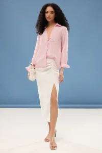 TRENDYOLMİLLA Pink Striped Striped textured Binding Detailed Oversized Weaving Shirt - Image 2