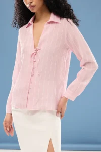 TRENDYOLMİLLA Pink Striped Striped textured Binding Detailed Oversized Weaving Shirt - Image 4