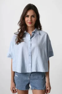 TRENDYOLMİLLA Mavi  Short Sleeve Drop Sleeve Oversized  Shirt - Image 2
