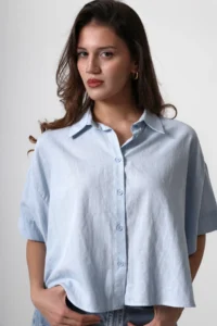 TRENDYOLMİLLA Mavi  Short Sleeve Drop Sleeve Oversized  Shirt - Image 6