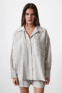 TRENDYOLMİLLA Beige Oversized with pocket Striped Drop Sleeve Shirt