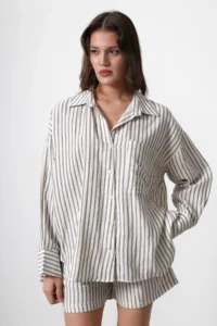TRENDYOLMİLLA Beige Oversized with pocket Striped Drop Sleeve Shirt - Image 2