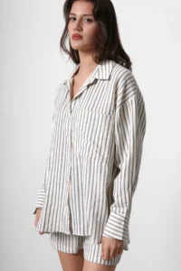 TRENDYOLMİLLA Beige Oversized with pocket Striped Drop Sleeve Shirt - Image 3