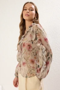 TRENDYOLMİLLA Multicolored Boho Siphon Transparan Floral Frilly Weaving Shirt