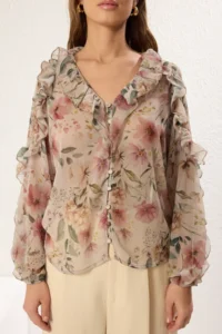 TRENDYOLMİLLA Multicolored Boho Siphon Transparan Floral Frilly Weaving Shirt - Image 3