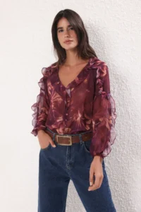 TRENDYOLMİLLA Plum Boho Siphon Transparan Floral Frilly Weaving Shirt