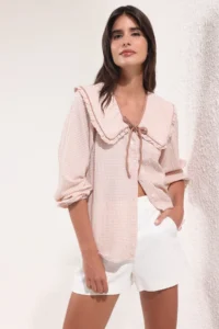 TRENDYOLMİLLA Beige Sequined Gingham Baby Collar Weaving Shirt