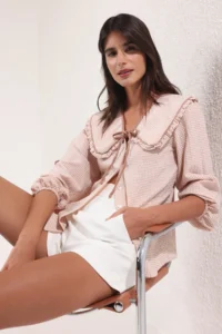 TRENDYOLMİLLA Beige Sequined Gingham Baby Collar Weaving Shirt - Image 2