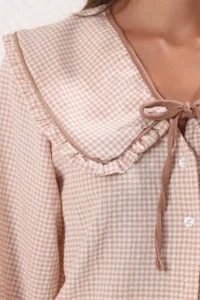 TRENDYOLMİLLA Beige Sequined Gingham Baby Collar Weaving Shirt - Image 3