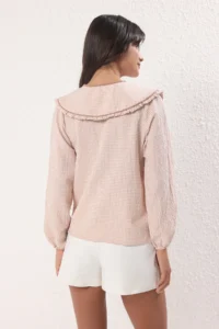 TRENDYOLMİLLA Beige Sequined Gingham Baby Collar Weaving Shirt - Image 4