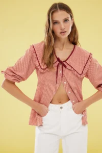 TRENDYOLMİLLA Brick Rejection Embossed Gingham Baby Collar Weaving Shirt