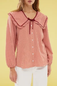 TRENDYOLMİLLA Brick Rejection Embossed Gingham Baby Collar Weaving Shirt - Image 3