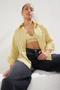 TRENDYOLMİLLA Yellow Striped Oversized Wide Pattern Weaving Shirt with Bustier Inside