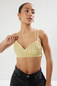 TRENDYOLMİLLA Yellow Striped Oversized Wide Pattern Weaving Shirt with Bustier Inside - Image 2