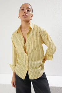 TRENDYOLMİLLA Yellow Striped Oversized Wide Pattern Weaving Shirt with Bustier Inside - Image 3