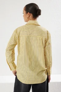 TRENDYOLMİLLA Yellow Striped Oversized Wide Pattern Weaving Shirt with Bustier Inside - Image 6
