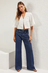 TRENDYOLMİLLA White Puff Print Technique Front tied up Weaving Skirt Frilly Weaving Shirt - Image 2