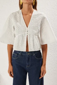 TRENDYOLMİLLA White Puff Print Technique Front tied up Weaving Skirt Frilly Weaving Shirt - Image 3