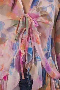 TRENDYOLMİLLA Powder Pink-Multicolored Ruffle Detailed on Front Body and Sleeve tied up Weaving Shirt - Image 4