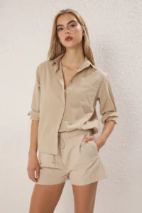 TRENDYOLMİLLA Mink Cotton Blended linen look Oversized Wide Pattern Weaving Shirt