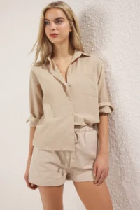 TRENDYOLMİLLA Mink Cotton Blended linen look Oversized Wide Pattern Weaving Shirt - Image 2