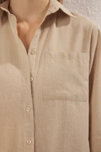 TRENDYOLMİLLA Mink Cotton Blended linen look Oversized Wide Pattern Weaving Shirt - Image 3