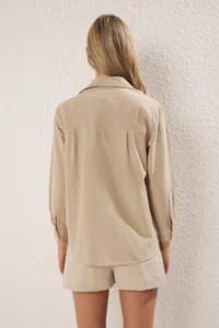 TRENDYOLMİLLA Mink Cotton Blended linen look Oversized Wide Pattern Weaving Shirt - Image 4