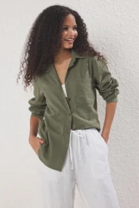 TRENDYOLMİLLA Khaki Cotton Blended linen look Oversized Wide Pattern Weaving Shirt