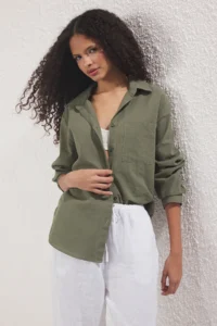 TRENDYOLMİLLA Khaki Cotton Blended linen look Oversized Wide Pattern Weaving Shirt - Image 2