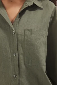 TRENDYOLMİLLA Khaki Cotton Blended linen look Oversized Wide Pattern Weaving Shirt - Image 3