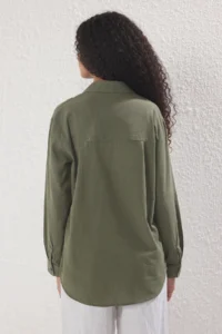TRENDYOLMİLLA Khaki Cotton Blended linen look Oversized Wide Pattern Weaving Shirt - Image 4